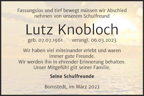 Traueranzeige von Lutz Knobloch von Trauerkombi Mansfelder Land