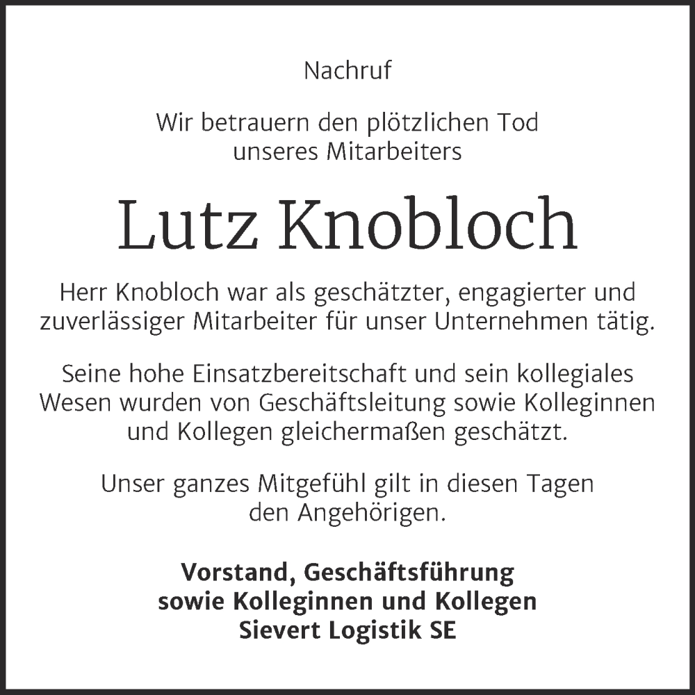  Traueranzeige für Lutz Knobloch vom 25.03.2023 aus Mitteldeutsche Zeitung Mansfelder Land
