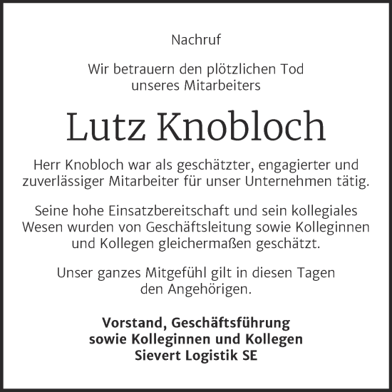 Traueranzeige von Lutz Knobloch von Mitteldeutsche Zeitung Mansfelder Land