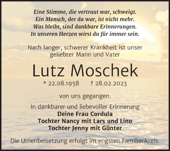 Traueranzeige von Lutz Moschek von Trauerkombi Dessau