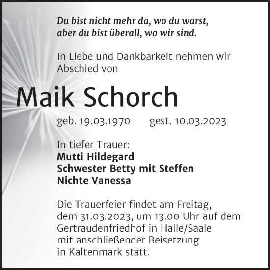 Traueranzeige von Maik Schorch von Mitteldeutsche Zeitung Halle/Saalkreis