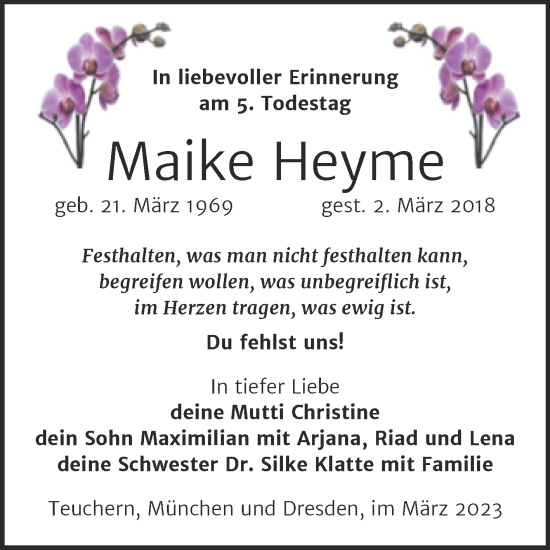 Traueranzeige von Maike Heyme von Trauerkombi Weißenfels