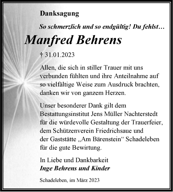 Traueranzeige von Manfred Behrens von Trauerkombi Aschersleben