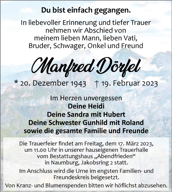 Traueranzeige von Manfred Dörfel von Wochenspiegel Naumburg/Nebra
