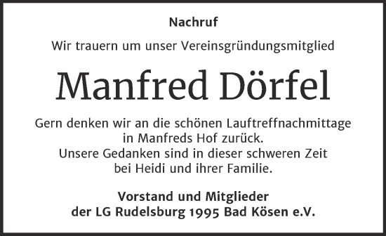 Traueranzeige von Manfred Dörfel von Naumburger Tageblatt
