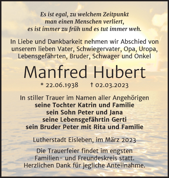 Traueranzeige von Manfred Hubert von Trauerkombi Mansfelder Land