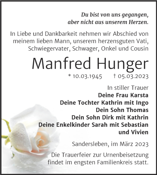 Traueranzeige von Manfred Hunger von Trauerkombi Mansfelder Land