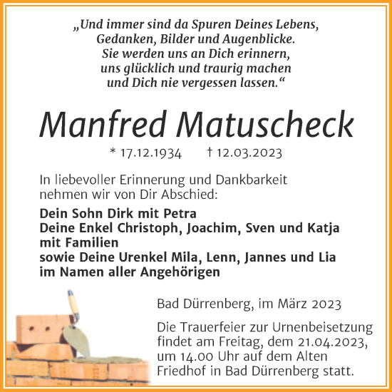 Traueranzeige von Manfred Matuscheck von Trauerkombi Merseburg