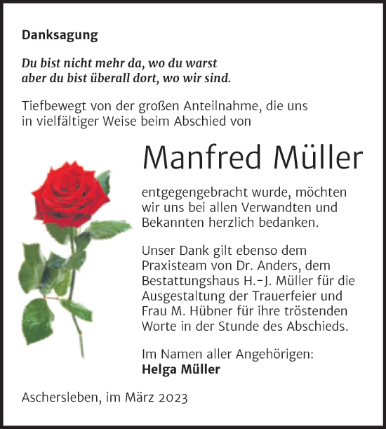 Traueranzeige von Manfred Müller von Trauerkombi Aschersleben