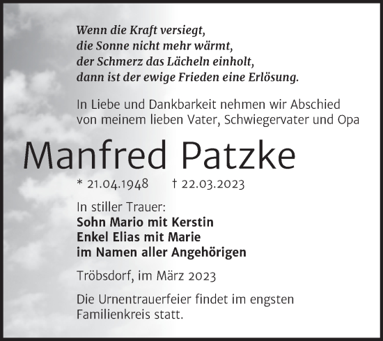 Traueranzeige von Manfred Patzke von Wochenspiegel Naumburg/Nebra