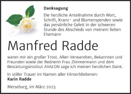 Traueranzeige von Manfred Radde von Trauerkombi Merseburg