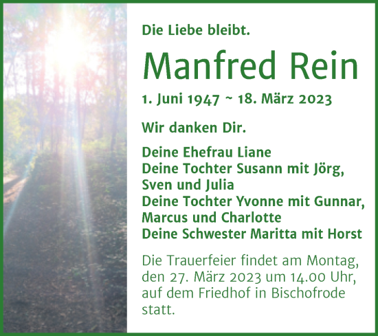 Traueranzeige von Manfred Rein von Trauerkombi Mansfelder Land