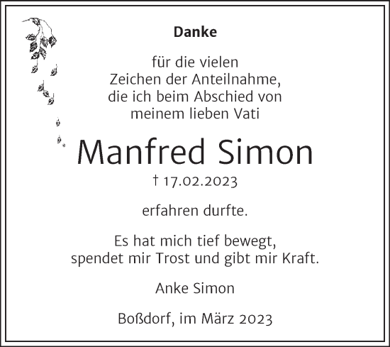 Traueranzeige von Manfred Simon von Trauerkombi Wittenberg