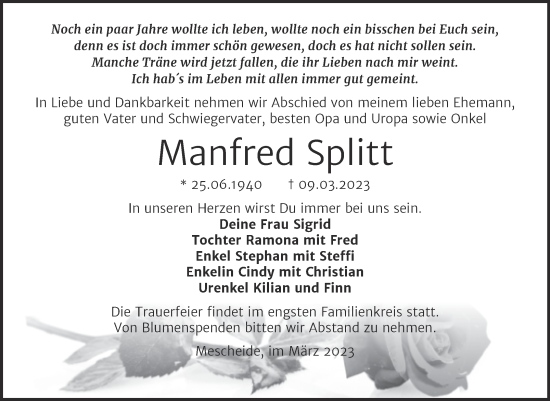 Traueranzeige von Manfred Splitt von Trauerkombi Wittenberg
