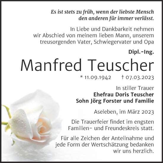 Traueranzeige von Manfred Teuscher von Trauerkombi Mansfelder Land