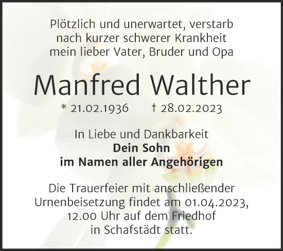 Traueranzeige von Manfred Walther von Trauerkombi Merseburg