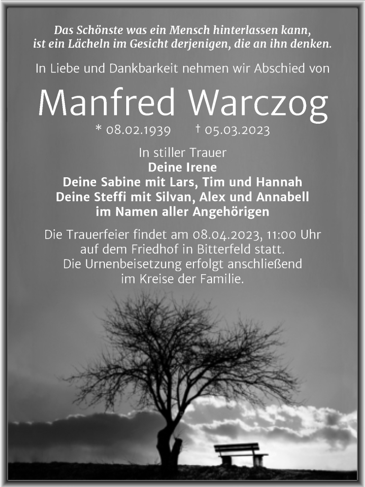  Traueranzeige für Manfred Warczog vom 25.03.2023 aus Trauerkombi Bitterfeld