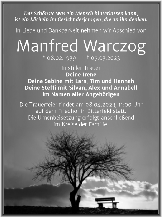 Traueranzeige von Manfred Warczog von Trauerkombi Bitterfeld