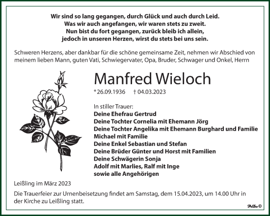 Traueranzeige von Manfred Wieloch von Trauerkombi Weißenfels