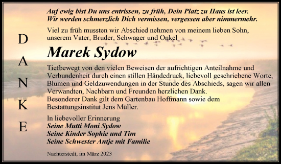 Traueranzeige von Marek Sydow von Trauerkombi Aschersleben