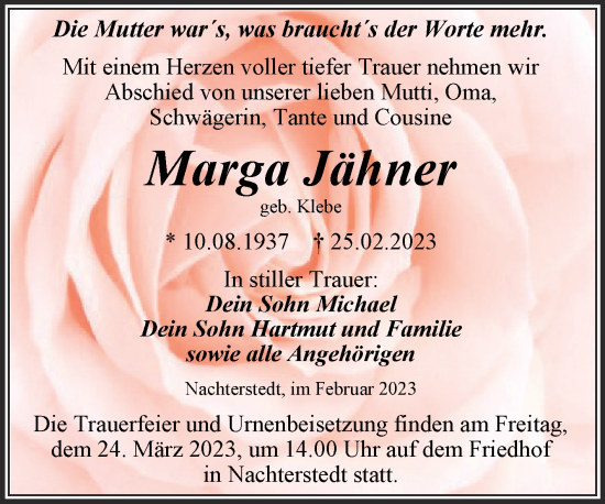 Traueranzeige von Marga Jähner von Trauerkombi Aschersleben