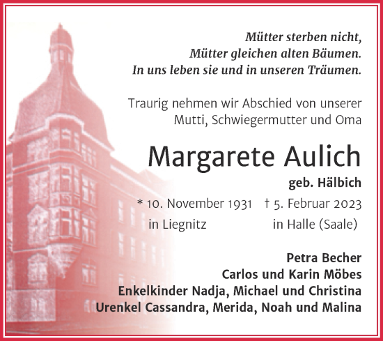 Traueranzeige von Margarete Aulich von Mitteldeutsche Zeitung Halle/Saalkreis