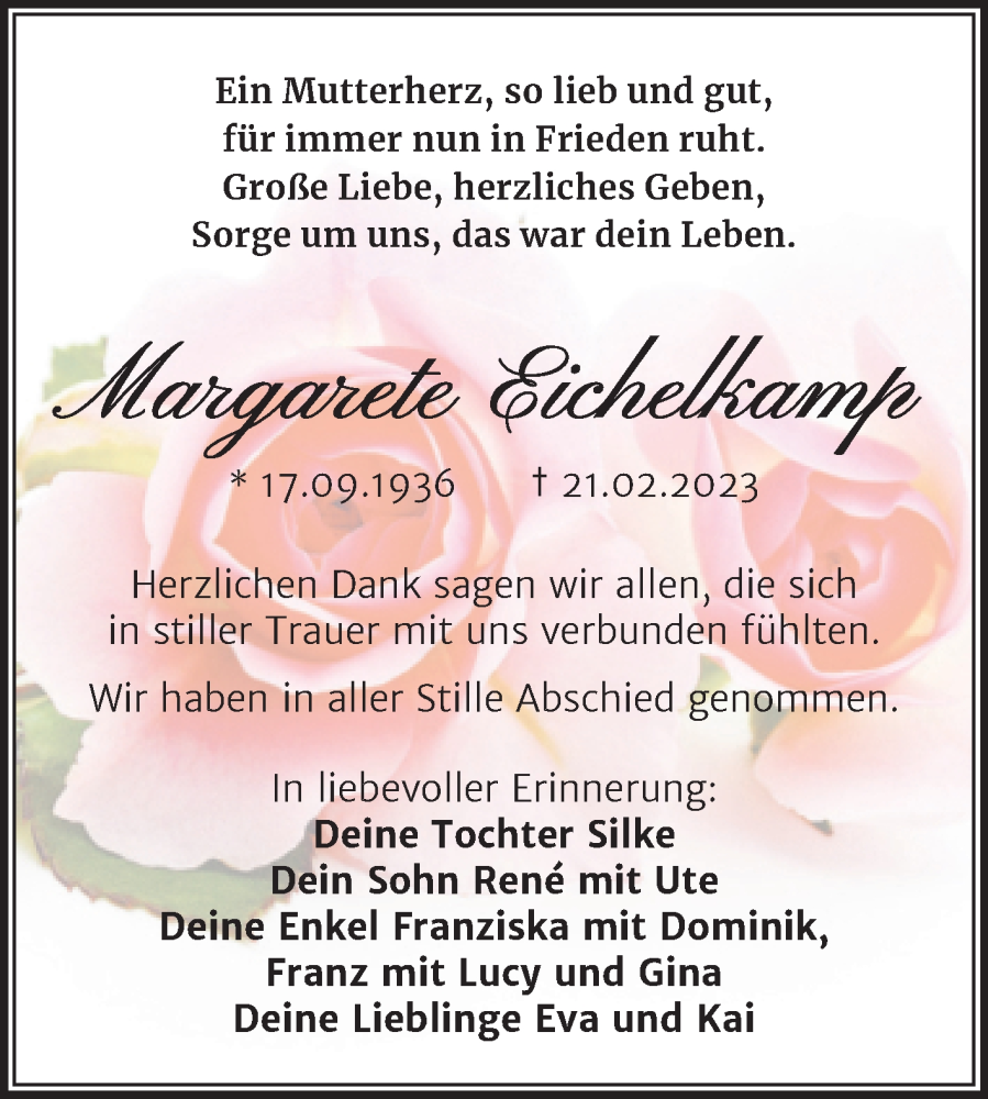  Traueranzeige für Margarete Eichelkamp vom 29.03.2023 aus Trauerkombi Weißenfels