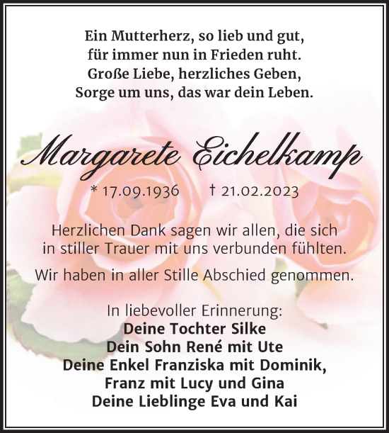 Traueranzeige von Margarete Eichelkamp von Trauerkombi Weißenfels
