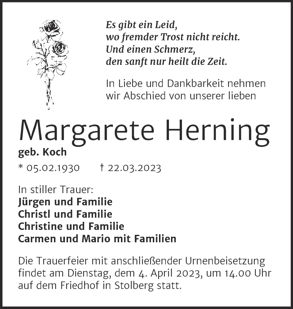  Traueranzeige für Margarete Herning vom 29.03.2023 aus Trauerkombi Sangerhausen