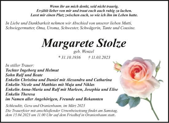 Traueranzeige von Margarete Stolze von Trauerkombi Wittenberg