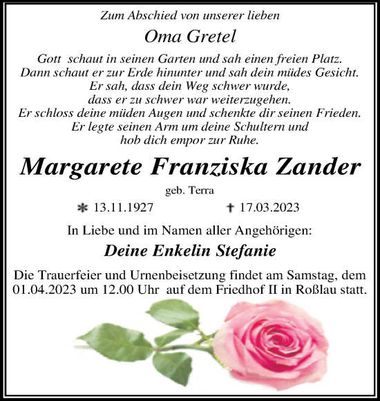Traueranzeige von Margarete Franziska Zander von Trauerkombi Dessau