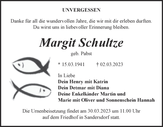Traueranzeige von Margit Schultze von Trauerkombi Bitterfeld