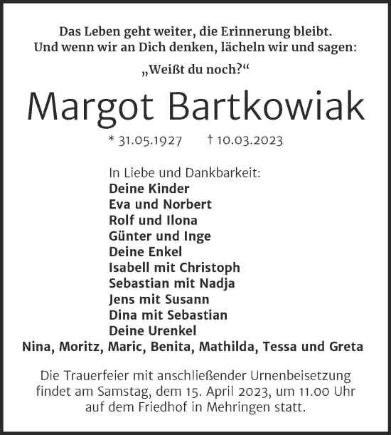 Traueranzeige von Margot Bartkowiak von Trauerkombi Aschersleben