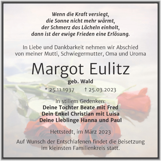 Traueranzeige von Margot Eulitz von Trauerkombi Mansfelder Land