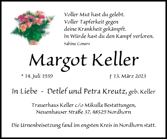 Traueranzeige von Margot Keller von Naumburger Tageblatt