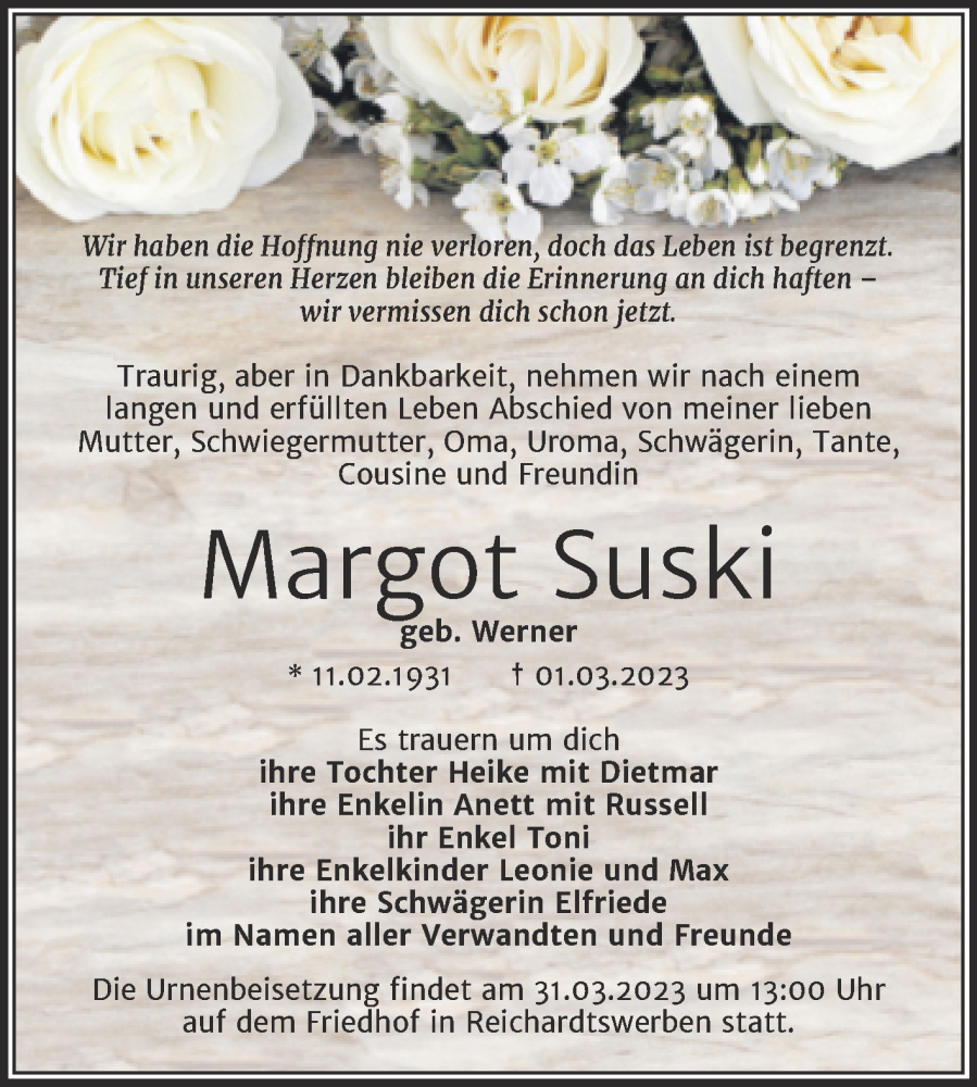  Traueranzeige für Margot Suski vom 11.03.2023 aus Trauerkombi Weißenfels