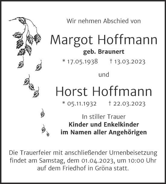 Traueranzeige von Margot und Horst Hoffmann von Trauerkombi Bernburg