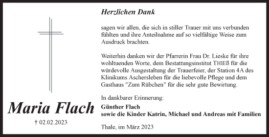 Traueranzeige von Maria Flach von Trauerkombi Aschersleben
