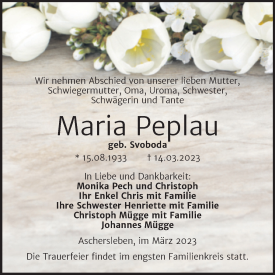 Traueranzeige von Maria Peplau von Trauerkombi Aschersleben