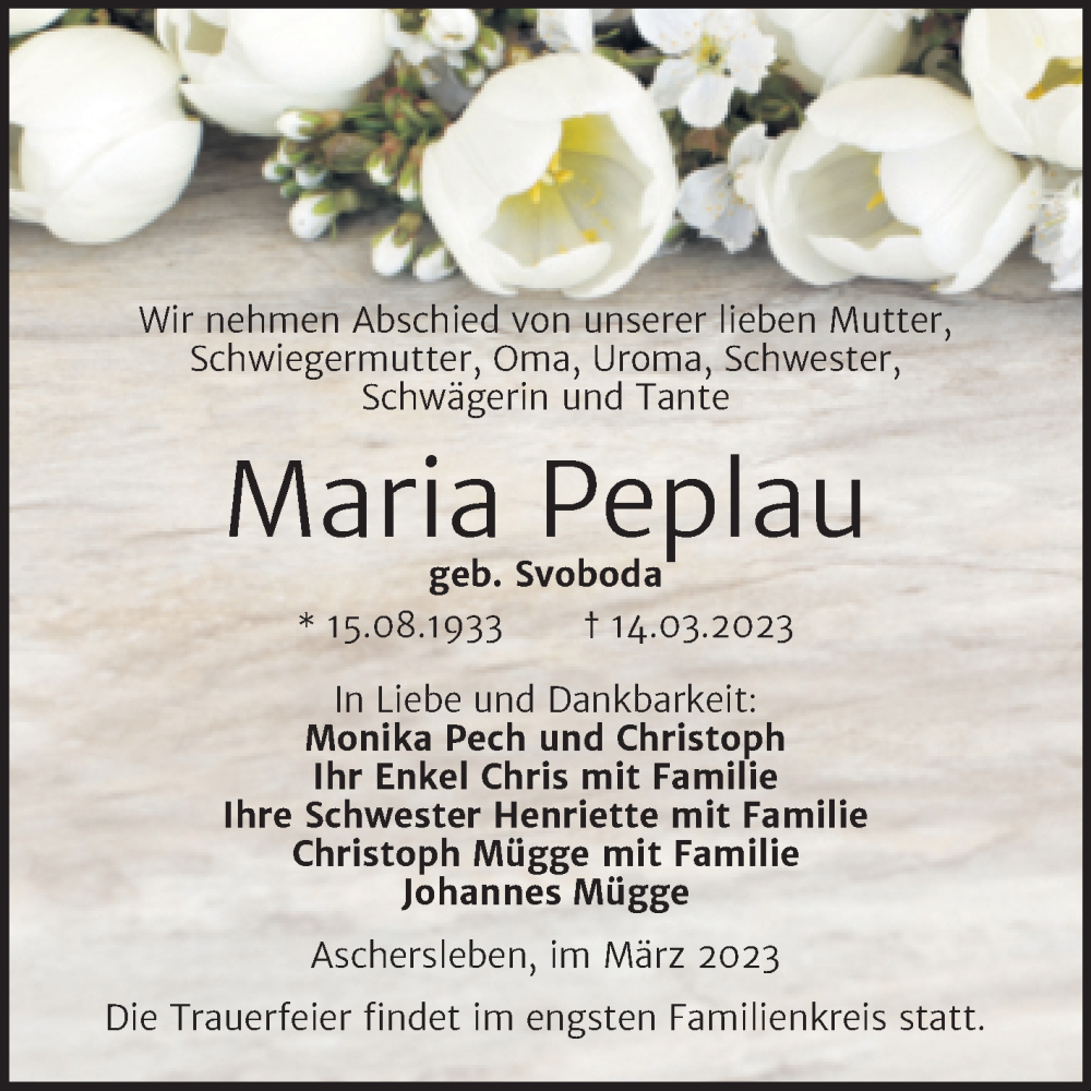  Traueranzeige für Maria Peplau vom 24.03.2023 aus Trauerkombi Aschersleben