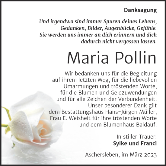 Traueranzeige von Maria Pollin von Trauerkombi Aschersleben