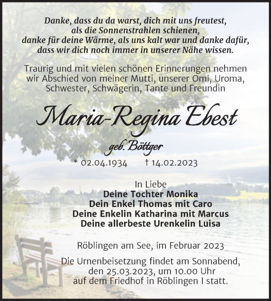 Traueranzeige von Maria-Regina Ebest von Trauerkombi Mansfelder Land