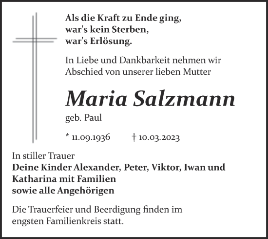 Traueranzeige von Maria Salzmann von Trauerkombi Bitterfeld