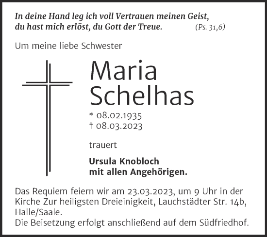 Traueranzeige von Maria Schelhas von Mitteldeutsche Zeitung Halle/Saalkreis