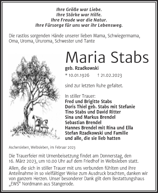 Traueranzeige von Maria Stabs von Trauerkombi Mansfelder Land