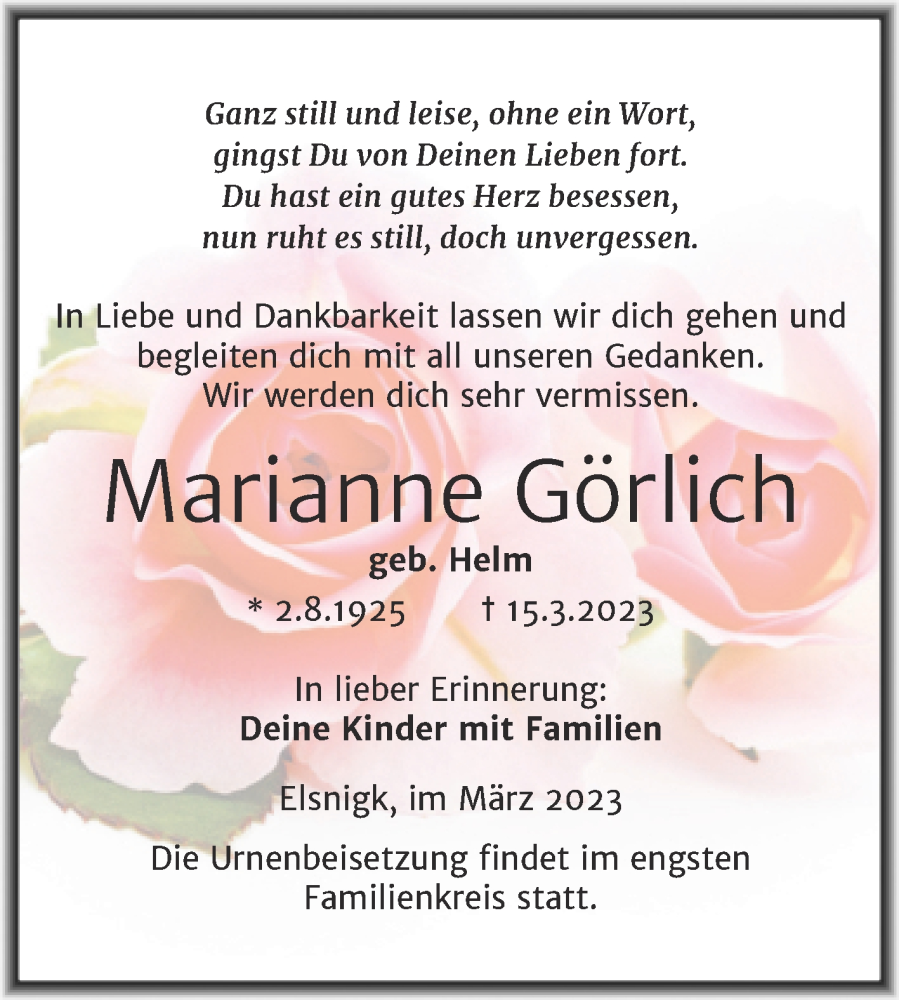  Traueranzeige für Marianne Görlich vom 25.03.2023 aus Trauerkombi Köthen