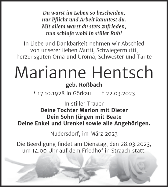 Traueranzeige von Marianne Hentsch von Trauerkombi Wittenberg