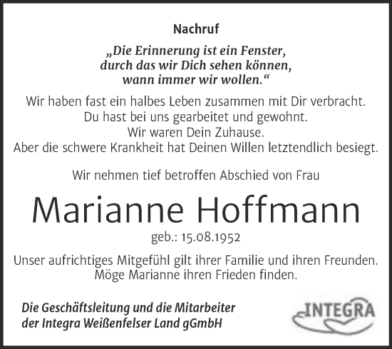 Traueranzeige von Marianne Hoffmann von Mitteldeutsche Zeitung Weißenfels