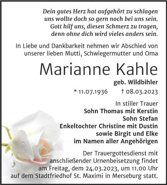 Traueranzeige von Marianne Kahle von Trauerkombi Merseburg