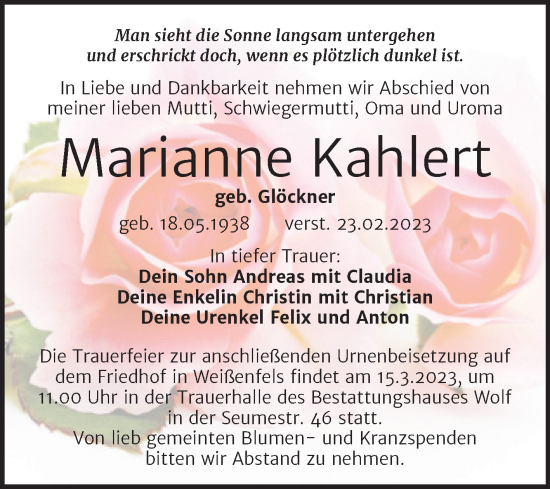 Traueranzeige von Marianne Kahlert von Trauerkombi Weißenfels